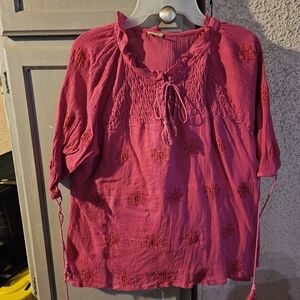 Reba Fuchsia Smocked Blouse with Embroidery